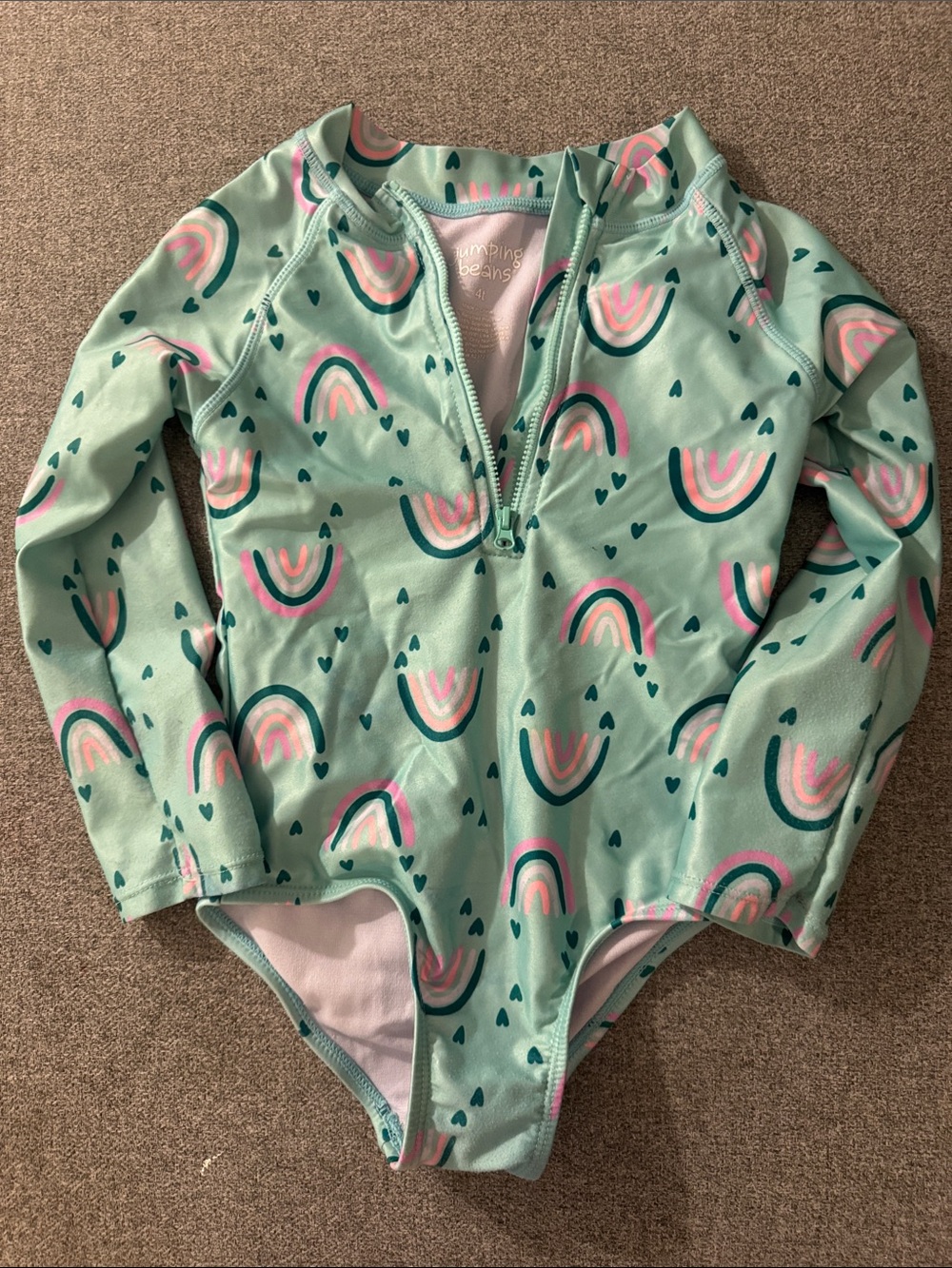 5/$15- Jumping Beans Girls' Mint Rainbow Long-Sleeve Rashguard Swimsuit